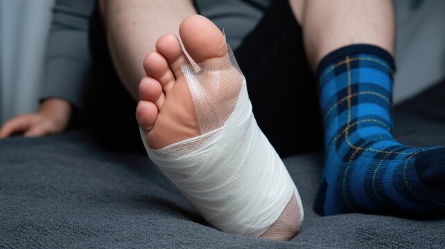Injured human foot wrapped in white gauze bandage and medical tape.