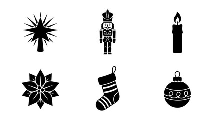 Fototapeta premium Set of black silhouette Christmas icons featuring a star, nutcracker, candle, poinsettia, stocking, and bauble ornament for festive holiday graphic design projects isolated on transparent background