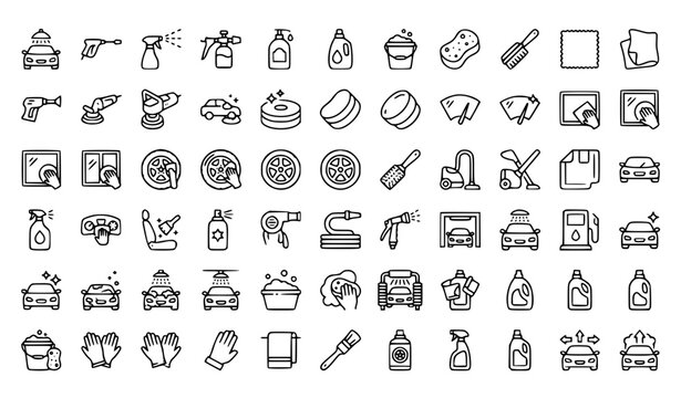 Car Wash and Auto Detailing Thin Line Icon Set Editable Vector