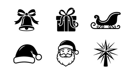 Fototapeta premium Set of black and white Christmas icons featuring a bell, gift box, sleigh, Santa hat, Santa Claus face, and a star, perfect for holiday design projects and festive seasonal graphics isolated on