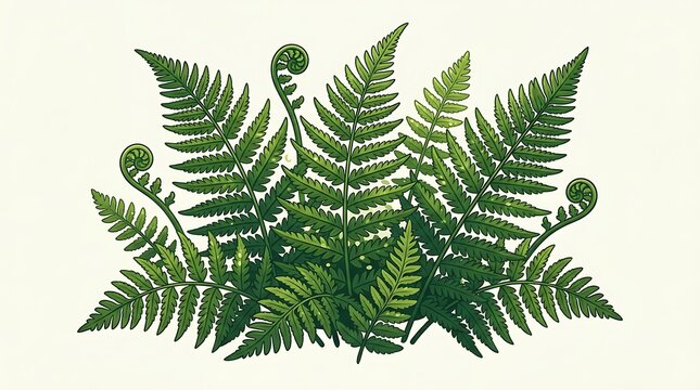 Detailed green fern fronds and fiddleheads botanical illustration