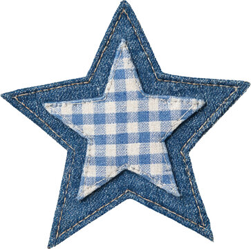 Denim star patch showcasing a blue gingham fabric insert and stitched edges. Providing a versatile design element for craft projects. Scrapbooking