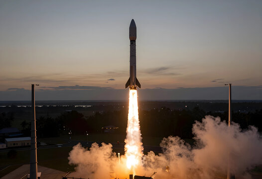 Space rocket launch at dusk with bright exhaust plume and smoke against a twilight sky, space exploration