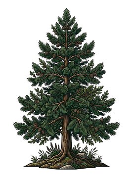 Majestic conifer tree with cones and roots in woodcut style