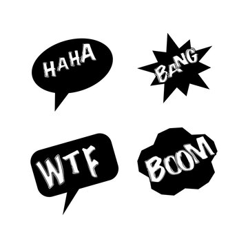 Comic book sound effect sound words set including haha, bang, wtf, and boom