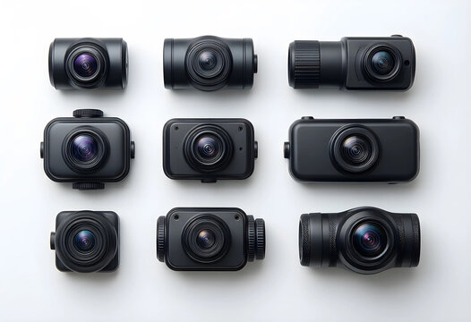 Nine black dash cameras with various designs and shapes arranged in rows on a clean white background, Each camera features a prominent lens, the focus on recording and surveillance technology