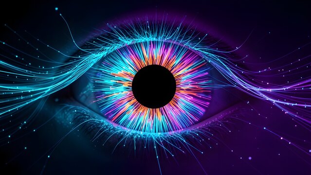 Cosmic digital eye merging with nebula clouds and starry space elements in vibrant teal and deep purple illustrating the vastness of universal knowledge and advanced learning algorithms.
