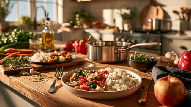 Modern kitchen promoting healthy renal nutrition through carefully selected ingredients and balanced meal preparation.