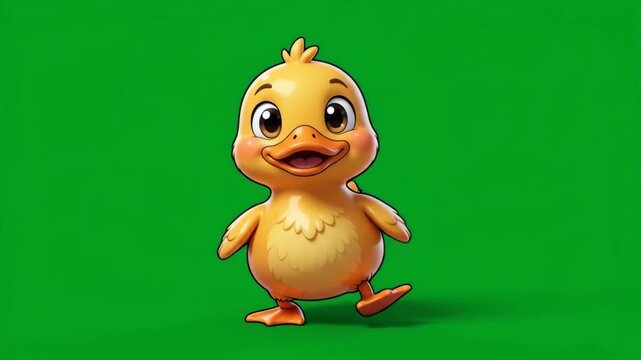 Adorable yellow duckling walking on a vibrant green background, perfect for children's content and animations.