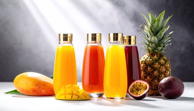 Tropical fruit juice bottles with fresh mango and pineapple.