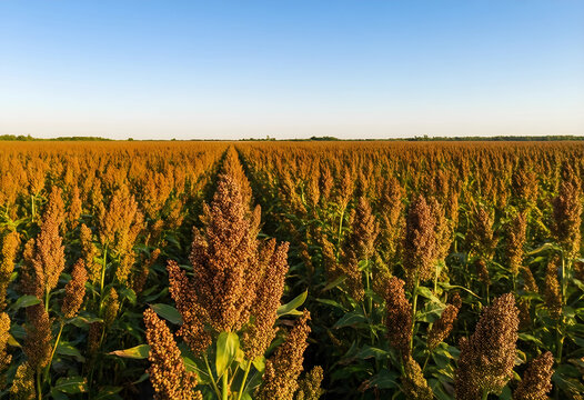 Vast field of ripe sorghum plants under a clear blue sky, agricultural landscape and harvest season