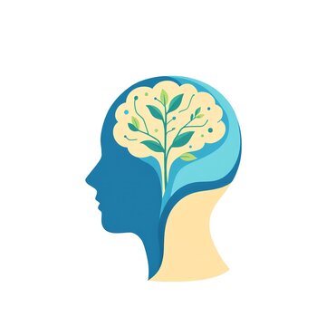 Stylized human head silhouette with brain tree branches leaves illustration symbolizing growth knowledge creativity and mental development design