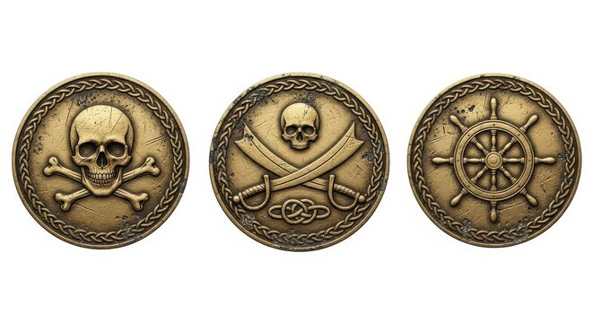 Set of Three Antique Gold Pirate Coins with Skull Crossbones and Ship Wheel Isolated on White Background