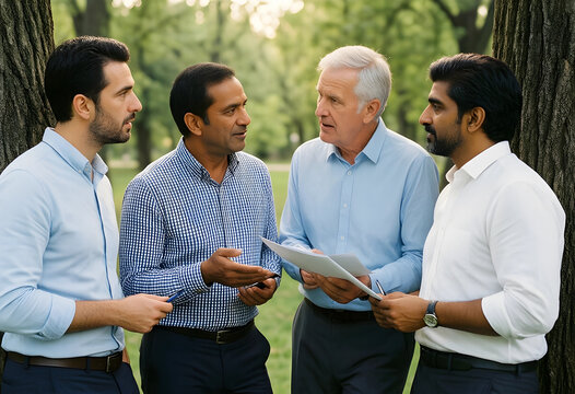 Diverse group of four multi-ethnic businessmen discussing documents and ideas outdoors in a park setting, the men represent various age groups and ethnicities
