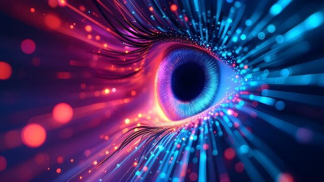High speed digital warp effect radiating outward from a dark central iris in vibrant pink and blue signifying ultra fast computing power and breakthrough quantum processing.