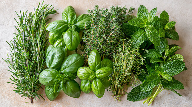 Assorted fresh culinary herbs including rosemary basil thyme and mint
