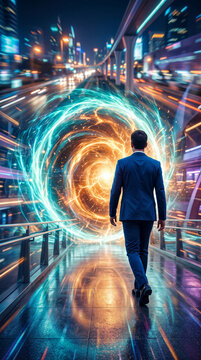 Man in suit walks towards a glowing portal in a futuristic city, symbolizing progress, exploration, and the unknown future of business and technology.