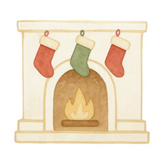 Fototapeta premium PNG Cozy fireplace with hanging stockings.