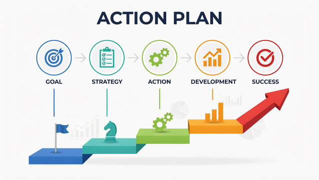 Action plan infographic showing goal setting strategy execution development and success progression on colorful steps