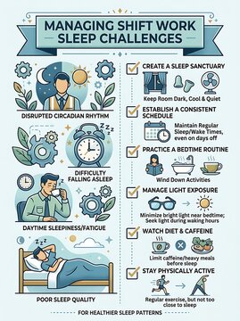 Managing shift work sleep challenges and health tips infographic