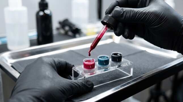 Close-up of tattoo artist hands in black gloves dripping red ink into small cups for tattooing process
