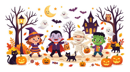 Naklejka premium Cute Halloween Character Vector Collection with Friendly Ghost, Smiling Pumpkin, Black Cat, Witch, Vampire, Skeleton and Monster