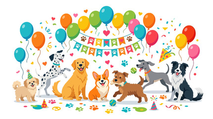 Fototapeta premium International Dog Day Celebration Vector Illustration with Happy Dogs, Balloons, Paw Prints and Hearts