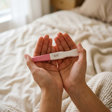 Close view of woman hands holding positive pregnancy test stick over soft cream linens at home.