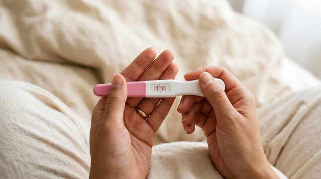 Close-up of woman holding a positive pregnancy test showing two lines while resting on soft bed sheets.