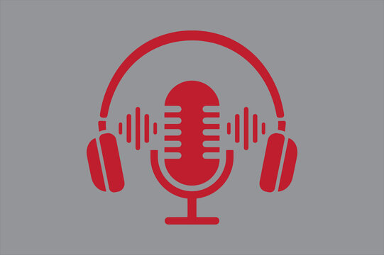 Red podcast microphone and headphones icon graphic with microphone, headphones