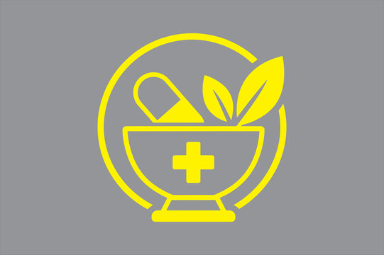 Natural medicine pestle and mortar icon with herb leaves and pill, medicine