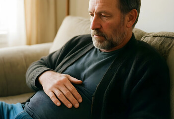 Fototapeta premium Mature man experiencing stomach pain or discomfort while sitting on a sofa at home, Health and medical