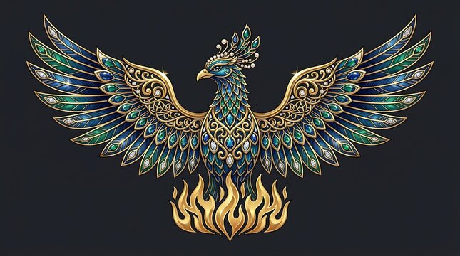 Ornamental phoenix with gold and emerald jewels rising from flames