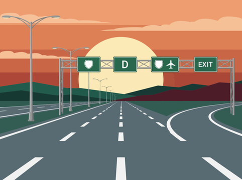 Flat vector highway illustration at sunset featuring overhead green road signs, exit ramp, and scenic mountain horizon.