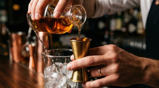 Professional Bartender Pouring Amber Liquor into a Metal Measuring Jigger for Cocktail Preparation in a Bar