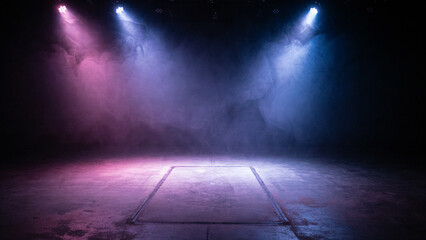 Fototapeta premium Dramatic stage lighting with colorful beams creating atmospheric performance environment on empty platform
