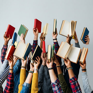 Diverse group of hands holding open and closed colorful books raised high against a plain grey background.