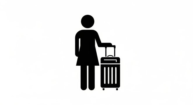 Black Silhouette Icon of a Woman Traveler with Suitcase Isolated on White Background for Travel and Tourism Concepts