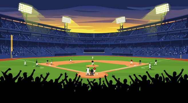 Action-packed baseball match scene with cheering crowd at a stadium during dusk, a digital vector illustration of a professional sports event