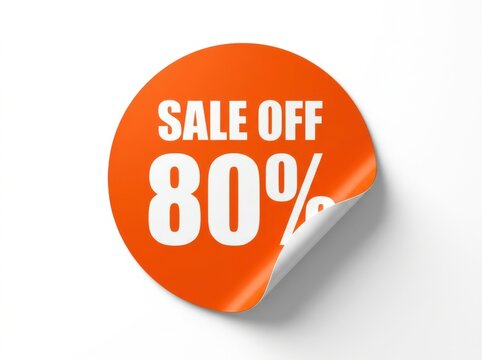 Bright orange sale sticker announcing 80 percent off with peeling corner for promotions