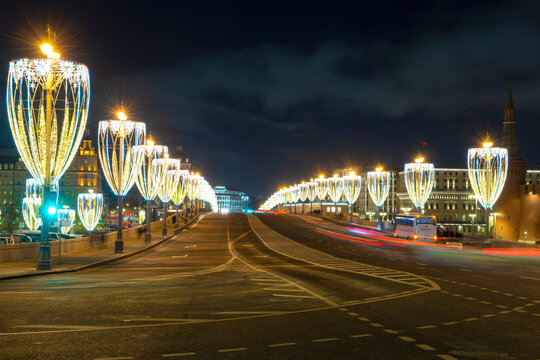Bolshoi Moskvoretsky Bridge in New Year's illumination on a January night, Moscow