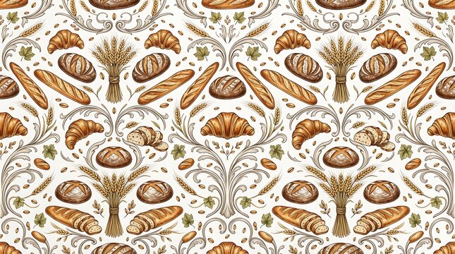 Seamless bakery pattern with croissants baguettes wheat stalks and vintage scroll ornaments for kitchen wallpaper and textile.