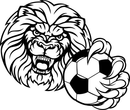 A lion angry animal sports mascot holding a soccer football ball
