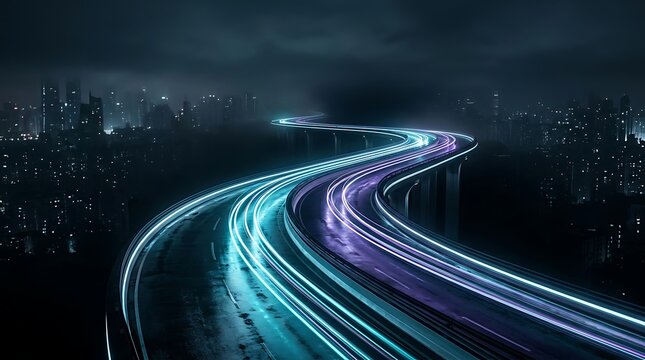 Long exposure night shot of a curved highway with vibrant blue and purple light trails from passing traffic