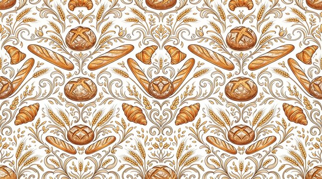 Vintage bakery pattern featuring fresh sourdough bread croissants baguettes and wheat stalks for artisan food brand wallpaper.