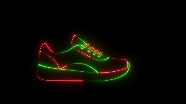 glowing neon running shoe icon isolated on black background. Sneaker shoe and athletic footwear icon. 4k video animation.