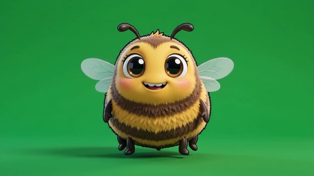Adorable Cartoon Bumblebee Character with Big Eyes Smiling Against a Vibrant Green Background, Cute Insect Illustration for Children's Content and ...