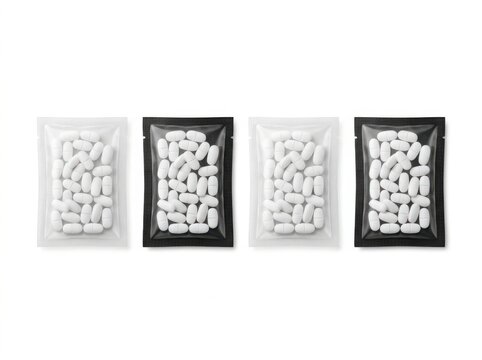 four sealed medicine packets pill supplements medication packaging design