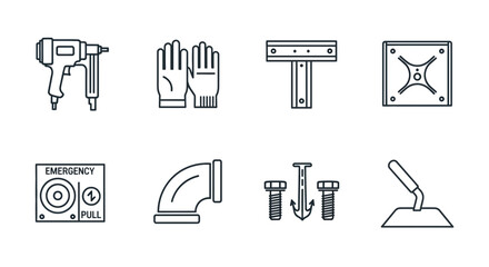 Fototapeta premium Set of eight industrial and construction equipment line art icons.