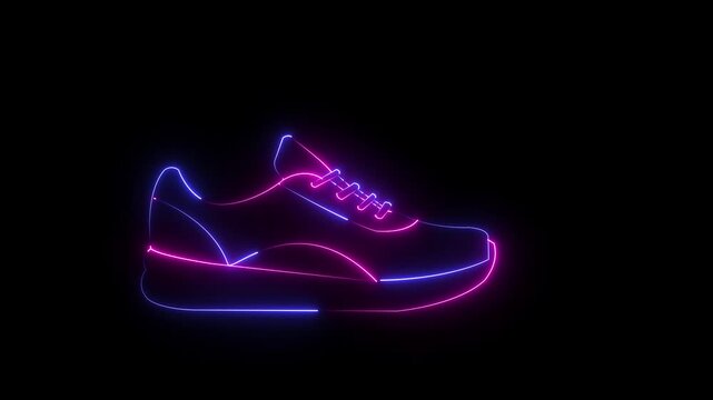 glowing neon running shoe icon isolated on black background. Sneaker shoe and athletic footwear icon. 4k video animation.